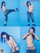 A series of four pictures of a woman with blue hair.